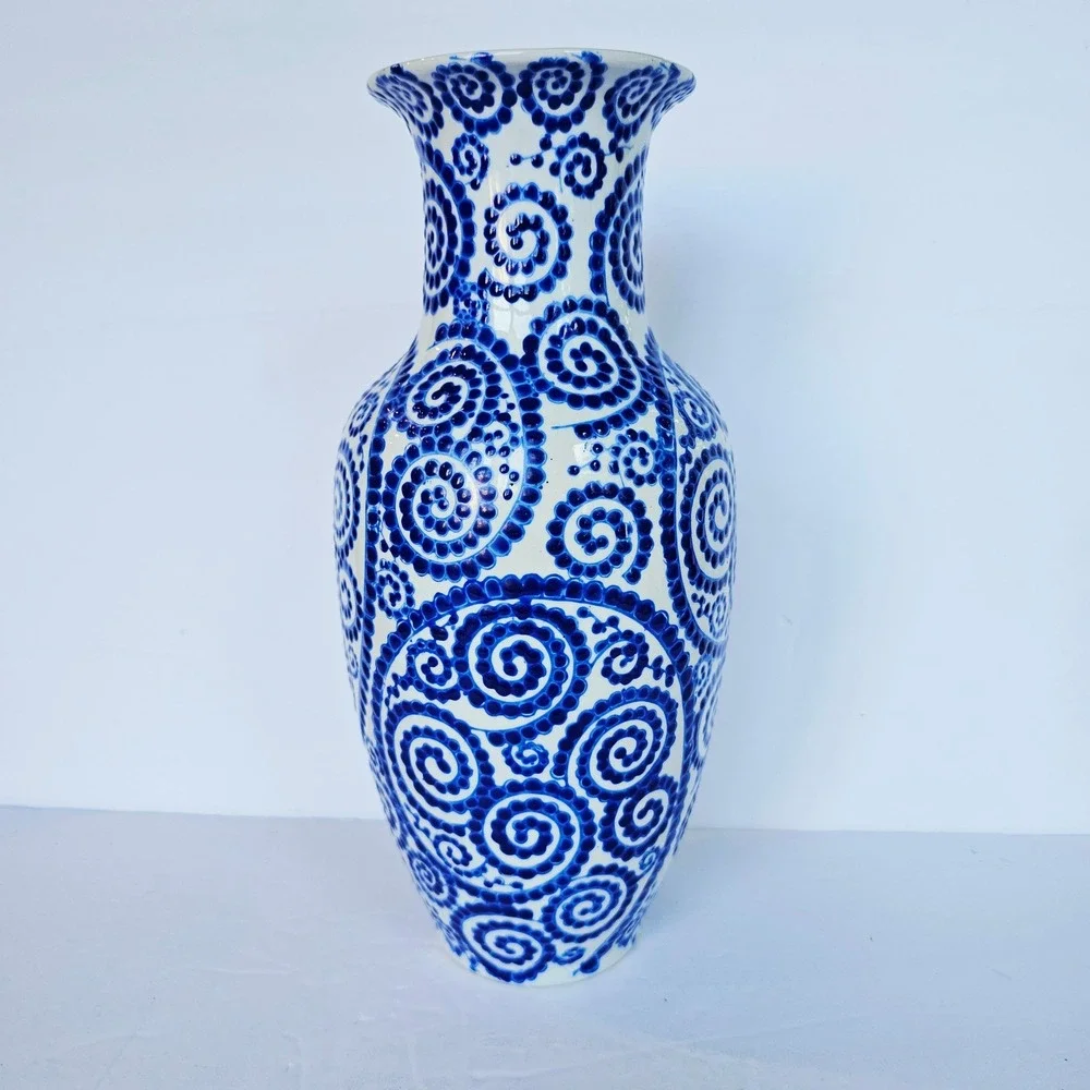 Vintage Blue and White Swirl Hand Painted Ceramic Vase 12.5